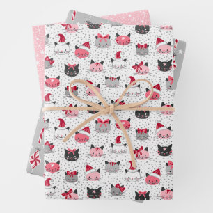 Christmas Cats in Hats Set of Three Wrapping Paper Sheet