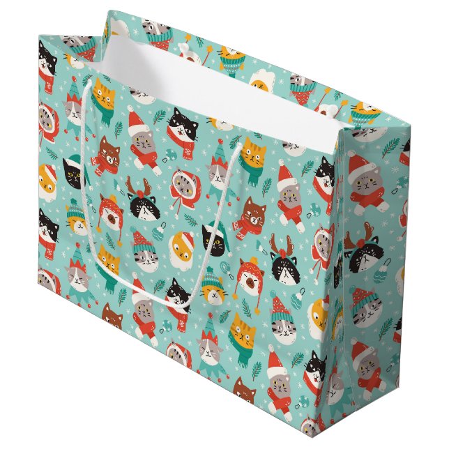 Christmas Cats in Holiday Sweaters Pattern Large Gift Bag (Front Angled)