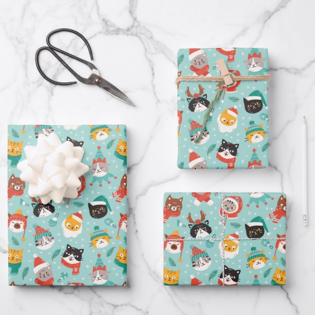 Christmas Cats in Holiday Sweaters Pattern Wrapping Paper Sheet (Front)