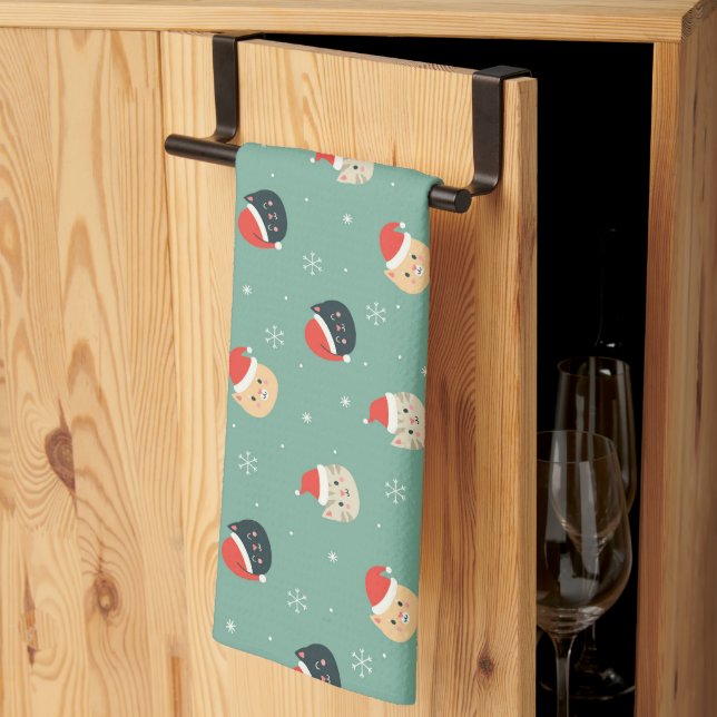 Christmas Cats in Santa Hats Pattern Kitchen Towel (Thirds Fold)