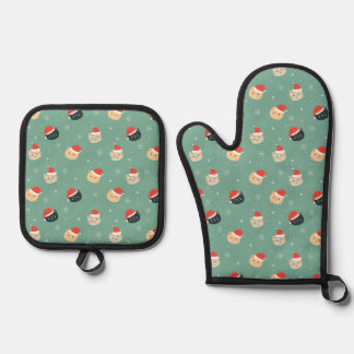 Christmas Cats in Santa Hats Pattern Oven Mitt & Pot Holder Set