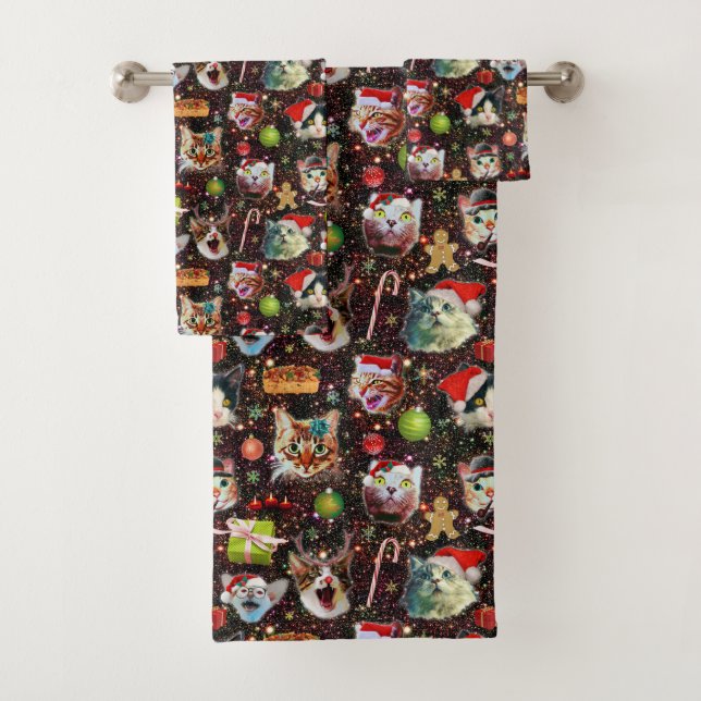 Christmas Cats in Space Galaxy Stars Funny Holiday Bath Towel Set (Insitu)