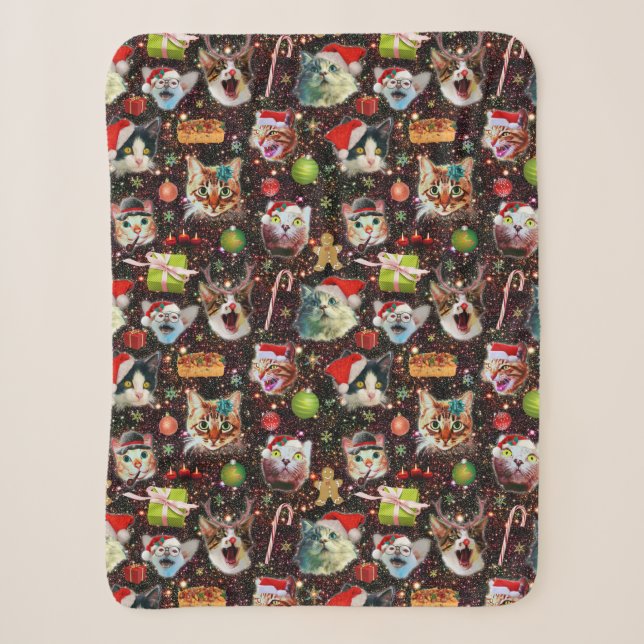 Christmas Cats in Space Galaxy Stars Funny Holiday Sherpa Blanket (Front)