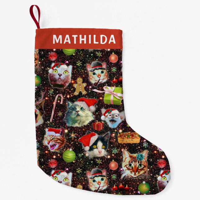 Christmas Cats in Space Galaxy Stars Funny Holiday Small Christmas Stocking (Front)