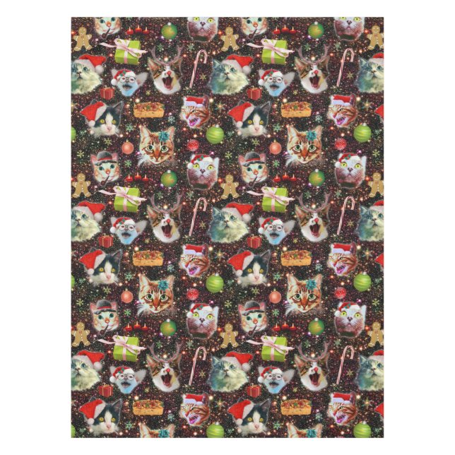 Christmas Cats in Space Galaxy Stars Funny Holiday Tablecloth (Front)