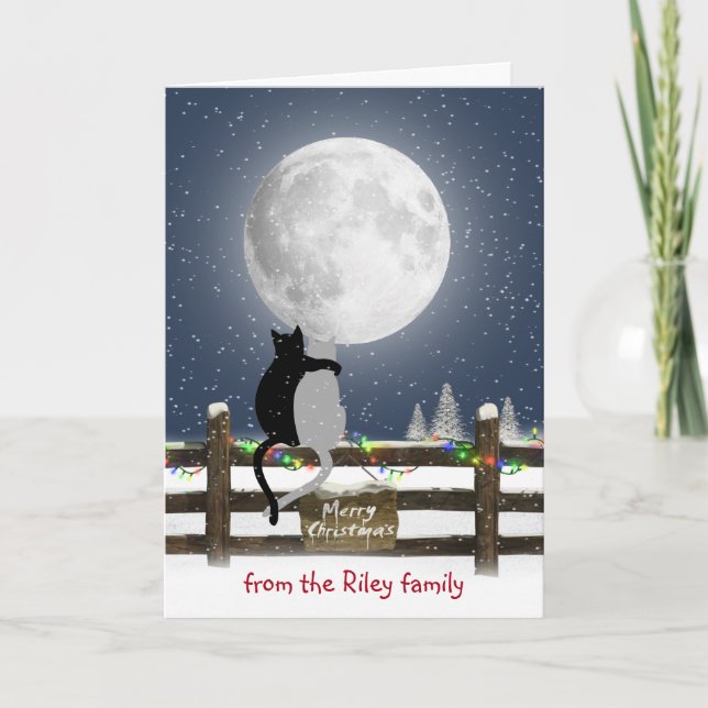 Christmas Cats on Fence with Moon  Holiday Card (Front)