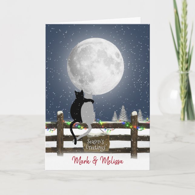 Christmas Cats on Fence with Moon  Holiday Card (Front)