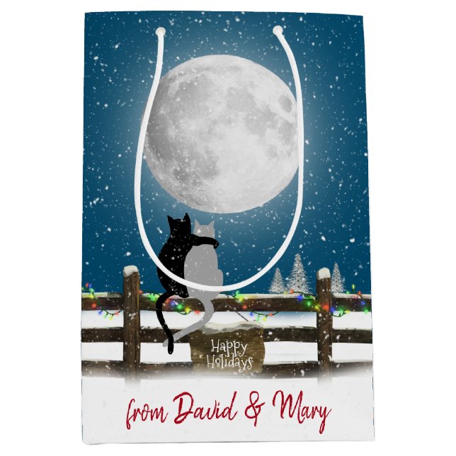 Christmas Cats On Fence with Moon  Medium Gift Bag (Front)