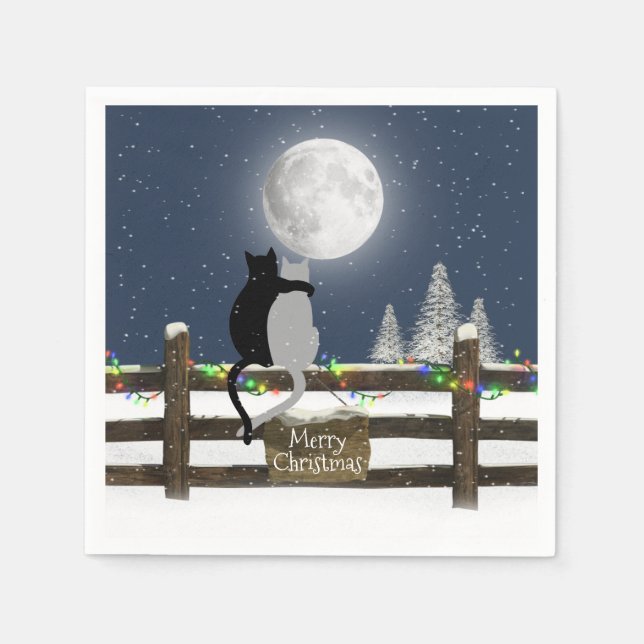 Christmas Cats on Fence with Moon  Napkin (Front)