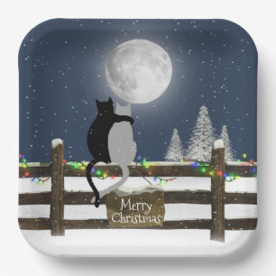 Christmas Cats on Fence with Moon  Paper Plate