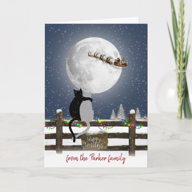 Christmas Cats on Fence with Santa Claus Holiday Card (Front)