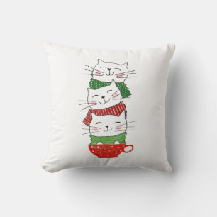 Christmas Cats Stacked Cup Scarves Funny Cute Throw Pillow