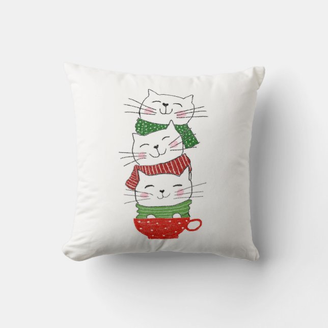 Christmas Cats Stacked Cup Scarves Funny Cute Throw Pillow (Front)