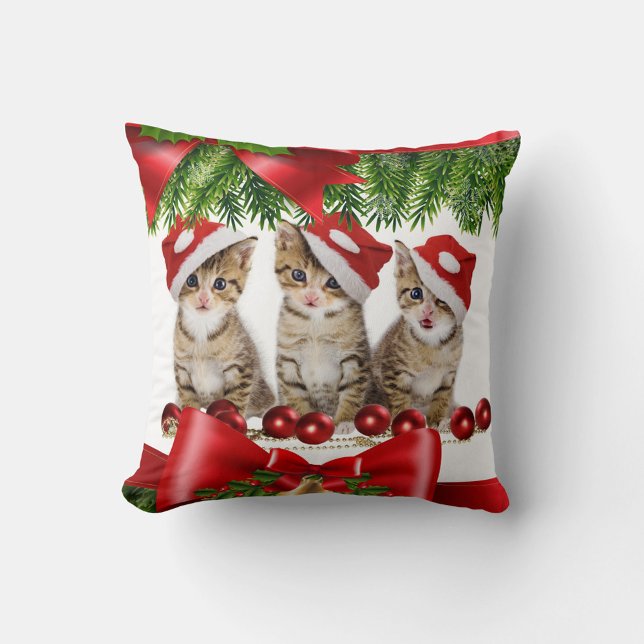 Christmas Cats Throw Pillow (Red Hats Cute Kittens Christmas Throw Pillow )