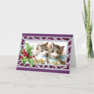 Christmas Cats with Holly and Daisies Holiday Card