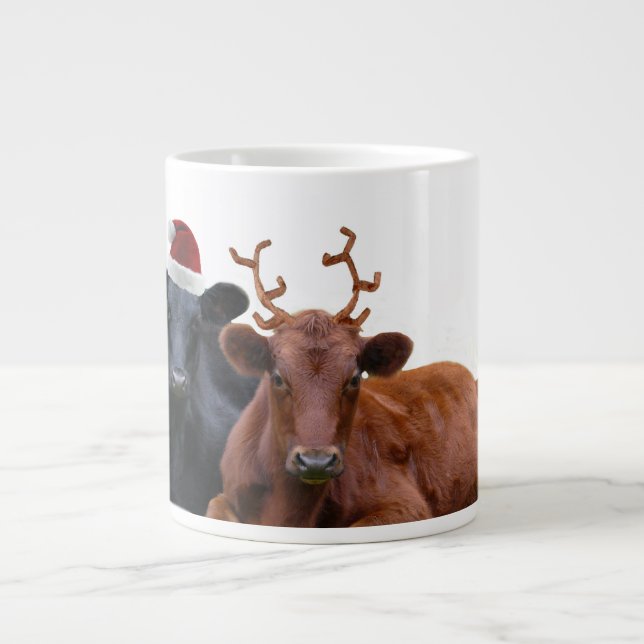 Christmas Cattle - Santa Hat and Antlers Large Coffee Mug (Front)