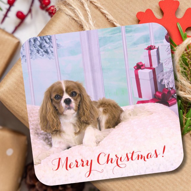 Christmas Cavalier King Charles With Presents Square Sticker (Creator Uploaded)
