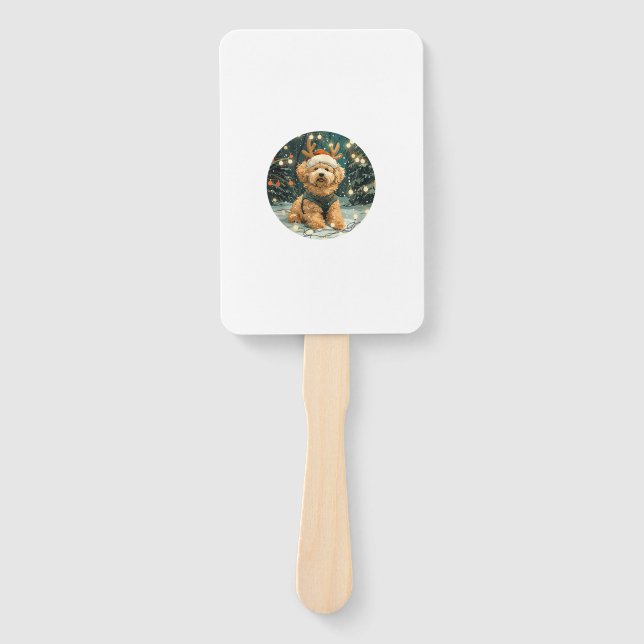 Christmas Cavapoo Reindeer Dog Santa Hat Cute Holi Hand Fan (Front)