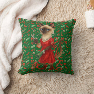 Christmas Celebrating with Siamese Cat  Throw Pillow