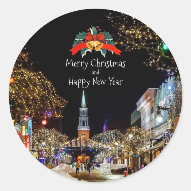 Christmas Celebration, bright lights and baubles Classic Round Sticker (Front)