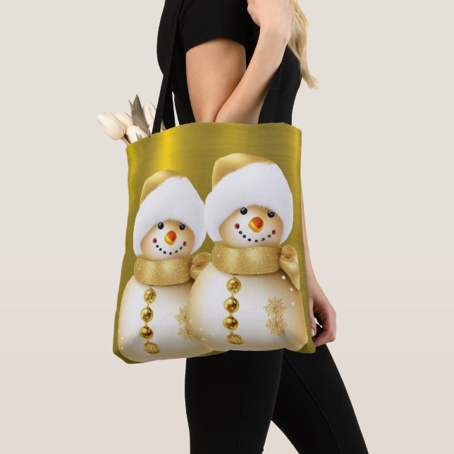 Christmas Celebration Gold Snowman Winter Holiday Tote Bag (Close Up)
