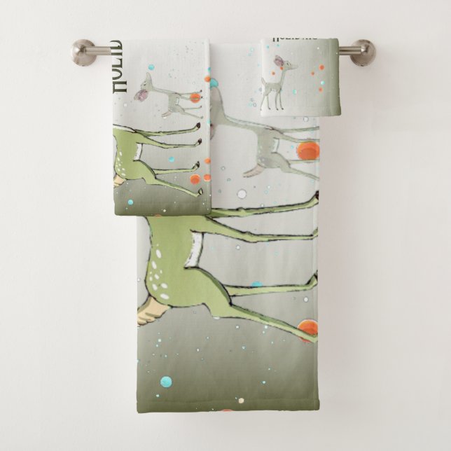 Christmas Celebration Green Deers Holidays Cute Bath Towel Set (Insitu)