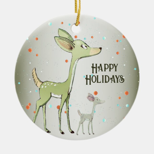 Christmas Celebration Green Deers Holidays Cute Ceramic Ornament (Front)