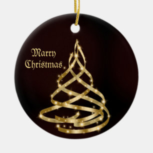 Christmas Celebration Shiny Golden Ribbon Tree Ceramic Ornament