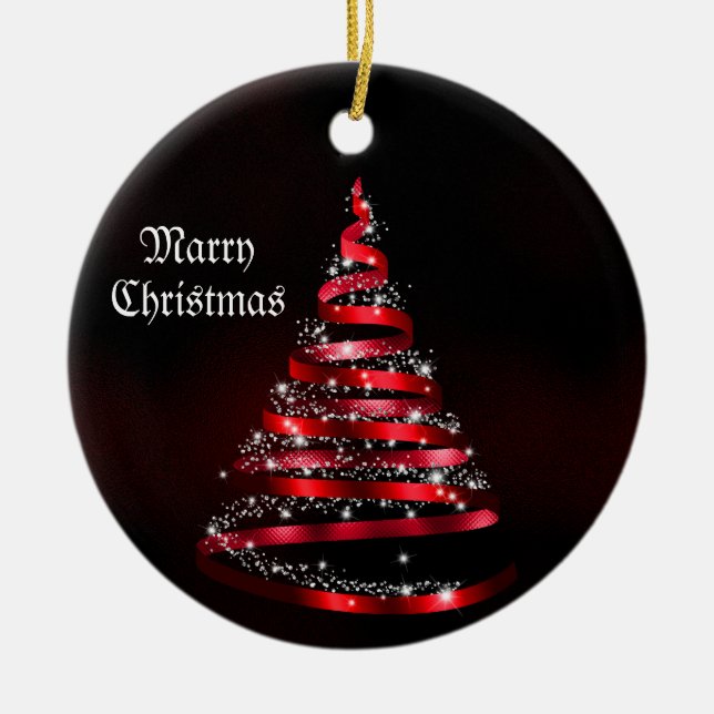 Christmas Celebration Shiny Red Ribbon Tree Ceramic Ornament (Front)