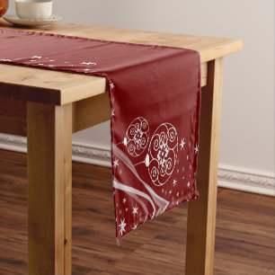 Christmas Celebration White Ornaments Stars Red Short Table Runner