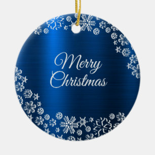 Christmas Celebration White Snowflakes Navy Blue Ceramic Ornament