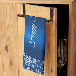 Christmas Celebration White Snowflakes Navy Blue Kitchen Towel