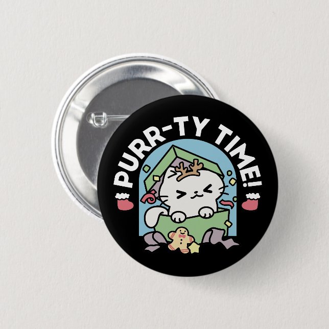 Christmas Celebration with Purr-ty Time Cat 2 Inch Round Button (Front & Back)
