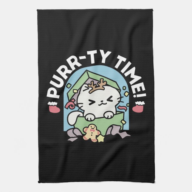 Christmas Celebration with Purr-ty Time Cat Kitchen Towel (Vertical)