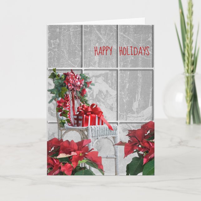 Christmas chair with poinsettia in window card (Front)
