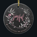 Christmas Chalkboard Mistletoe Blush Joyful Photo Ceramic Ornament<br><div class="desc">Modern elegant Christmas ceramic ornament featuring a sage green watercolor hand painted mistletoe with foliage and blush berries and Joyful hand lettering script on a dark grey charcoal chalkboard background.            Personalize it with your text on front side and your photo on reverse!</div>