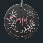 Christmas Chalkboard Mistletoe Blush Joyful Photo Ceramic Ornament<br><div class="desc">Modern elegant Christmas ceramic ornament featuring a sage green watercolor hand painted mistletoe with foliage and blush berries and Joyful hand lettering script on a dark grey charcoal chalkboard background.            Personalize it with your text on front side and your photo on reverse!</div>