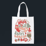 Christmas Chanukah hanukkah Groovy Vibes Reusable Grocery Bag<br><div class="desc">It's a holiday mash up with this cute Holly Jolly Vibes & Happy Challah Days funny reusable gift bag. Funky colours of reds, pinks and greens with Christmas and Chanukah or Hanukkah icons, menorah, dreidel, christmas tree, stocking, lights, jewish star of David, and candy cane. Great gift bag for tenants,...</div>