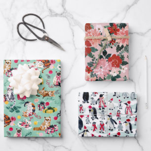 CHRISTMAS CHAOS BUNDLE CATS, PENGUINS, POINSETTIA WRAPPING PAPER SHEET