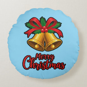 "Christmas Charm: Bows & Bells Festive Design" Round Pillow