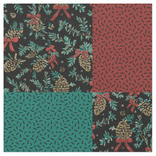 Christmas Check Pine Cone Ribbon Green Black Red Fabric