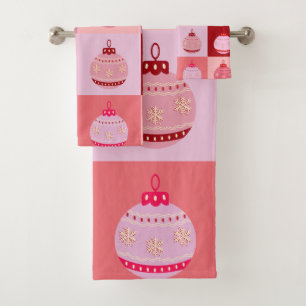 Christmas Check - Pink And Red Chequered Ornaments Bath Towel Set