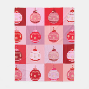 Christmas Check - Pink And Red Chequered Ornaments Fleece Blanket