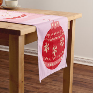 Christmas Check - Pink And Red Chequered Ornaments Short Table Runner