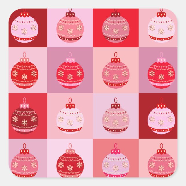 Christmas Check - Pink And Red Chequered Ornaments Square Sticker (Front)