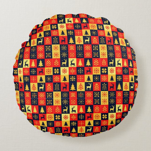 Christmas Checkerboard Pattern – Red & Yellow Tree Round Pillow (Front)