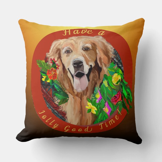 Christmas Cheer Golden Retriever Jolly Good Time Throw Pillow (Front)