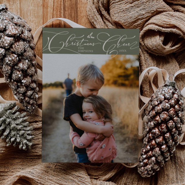 Christmas Cheer Script Sage Christmas Photo Holiday Card (Creator Uploaded)