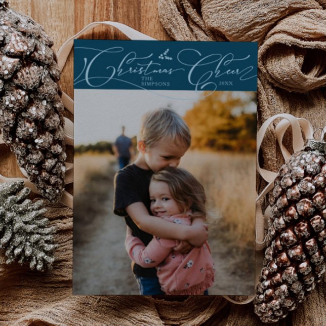 Christmas Cheer Script Teal Christmas Photo Holiday Card (Creator Uploaded)
