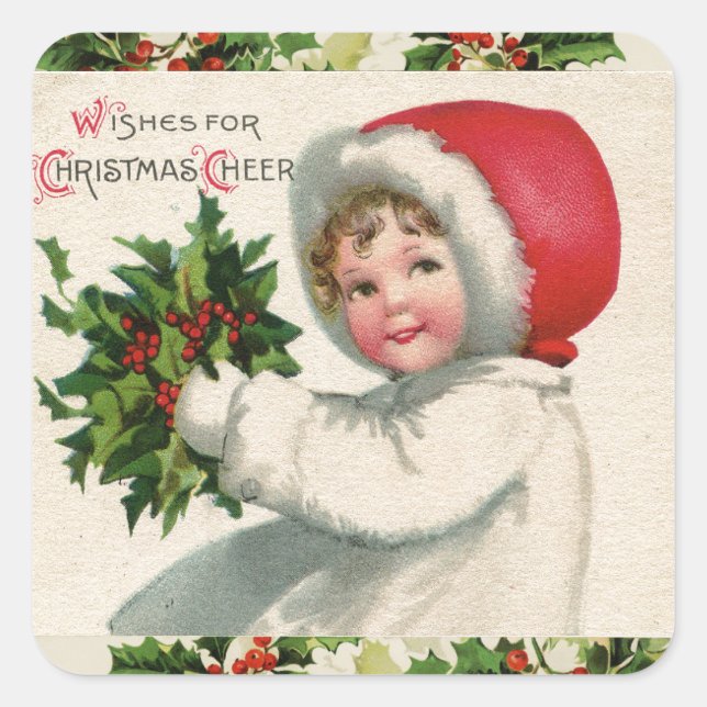 Christmas Cheer Vintage Holly Girl Holiday  Square Sticker (Front)